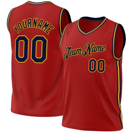 Personalized Red Navy-Gold Authentic Throwback Basketball Jersey