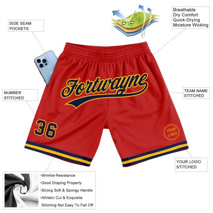 Personalized Red Navy-Gold Authentic Throwback Basketball Shorts