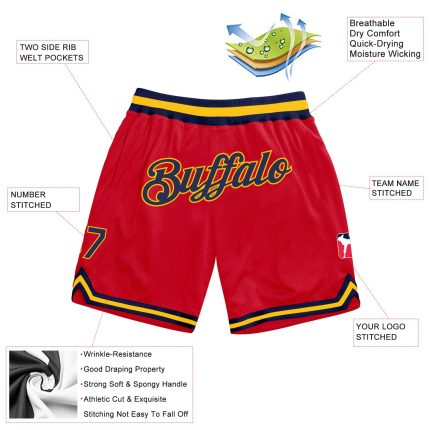 Personalized Red Navy-Gold Authentic Throwback Basketball Shorts Team Custom Name and Number