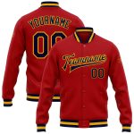 Personalized Red Navy-Gold Bomber Full-Snap Varsity Letterman Jacket Team Custom Name and Number