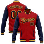 Personalized Red Navy-Gold Bomber Full-Snap Varsity Letterman Two Tone Jacket Team Custom Name and Number