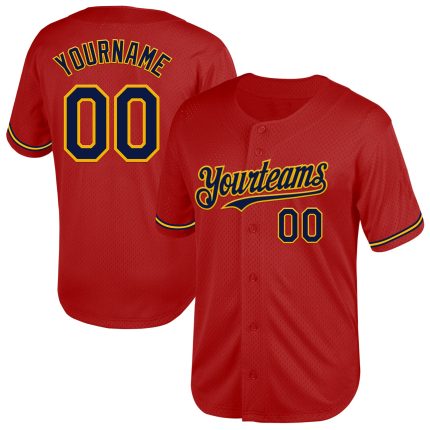 Personalized Red Navy-Gold Mesh Authentic Throwback Baseball Jersey Team Custom Name and Number