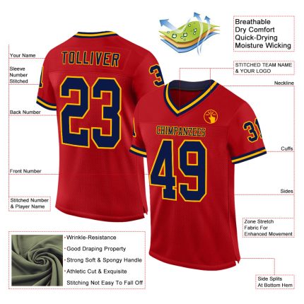 Personalized Red Navy-Gold Mesh Authentic Throwback Football Jersey Team Custom Name and Number