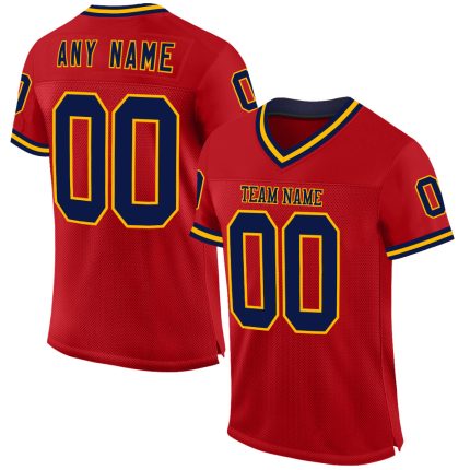 Personalized Red Navy-Gold Mesh Authentic Throwback Football Jersey Team Custom Name and Number