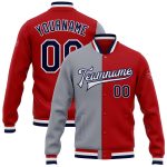 Personalized Red Navy-Gray Bomber Full-Snap Varsity Letterman Split Fashion Jacket Team Custom Name and Number