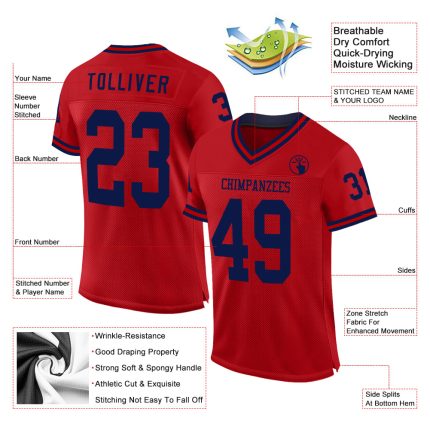 Personalized Red Navy Mesh Authentic Throwback Football Jersey Team Custom Name and Number