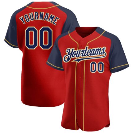 Personalized Red Navy-Old Gold Authentic Raglan Sleeves Baseball Jersey Team Custom Name and Number