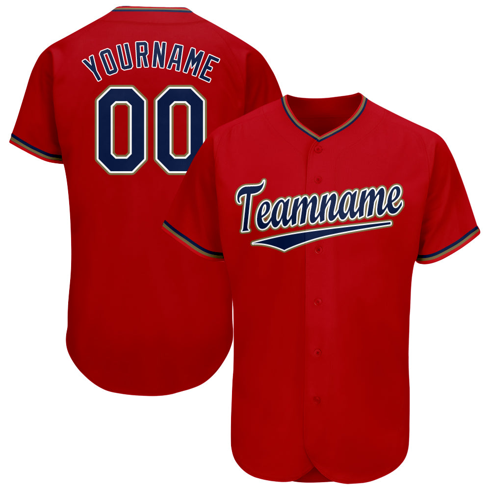 Personalized Red Navy-Old Gold Baseball Jersey Team Custom Name and Number