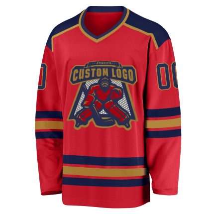 Personalized Red Navy-Old Gold Hockey Jersey