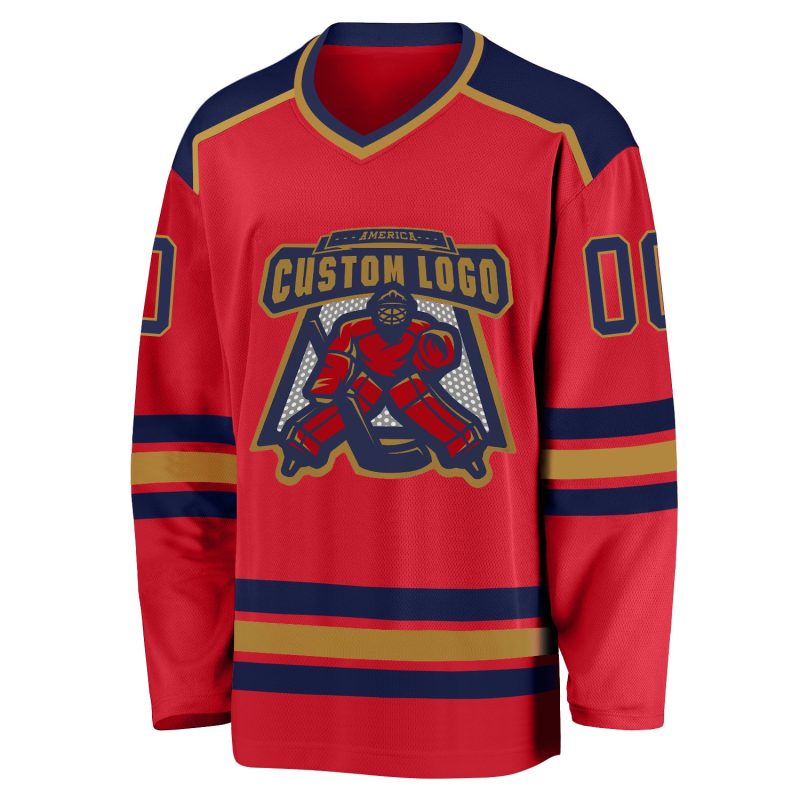 Personalized Red Navy-Old Gold Hockey Jersey