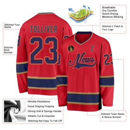 Personalized Red Navy-Old Gold Hockey Jersey Team Custom Name and Number