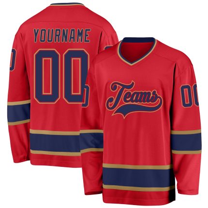 Personalized Red Navy-Old Gold Hockey Jersey Team Custom Name and Number