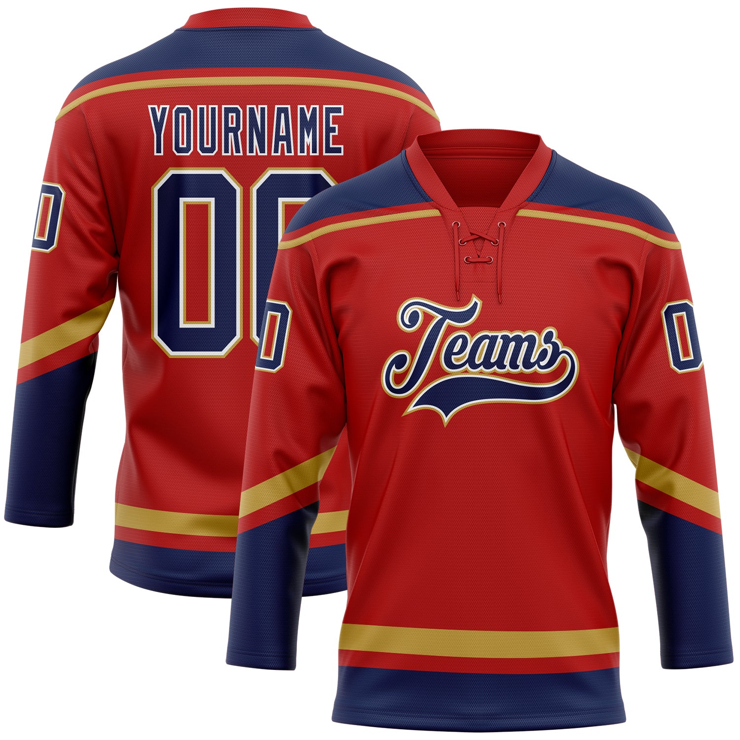Personalized Red Navy-Old Gold Hockey Lace Neck Jersey Team Custom Name and Number
