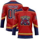 Personalized Red Navy-Old Gold Hockey Lace Neck Jersey Team Custom Name and Number