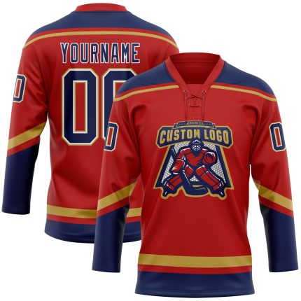 Personalized Red Navy-Old Gold Hockey Lace Neck Jersey Team Custom Name and Number
