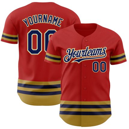 Personalized Red Navy-Old Gold Line Authentic Baseball Jersey Team Custom Name and Number