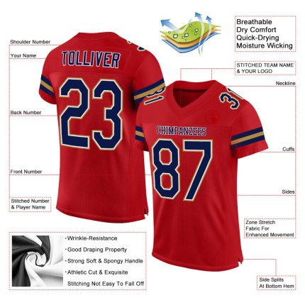 Personalized Red Navy-Old Gold Mesh Authentic Football Jersey Team Custom Name and Number