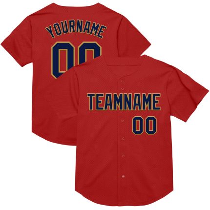 Personalized Red Navy-Old Gold Mesh Authentic Throwback Baseball Jersey