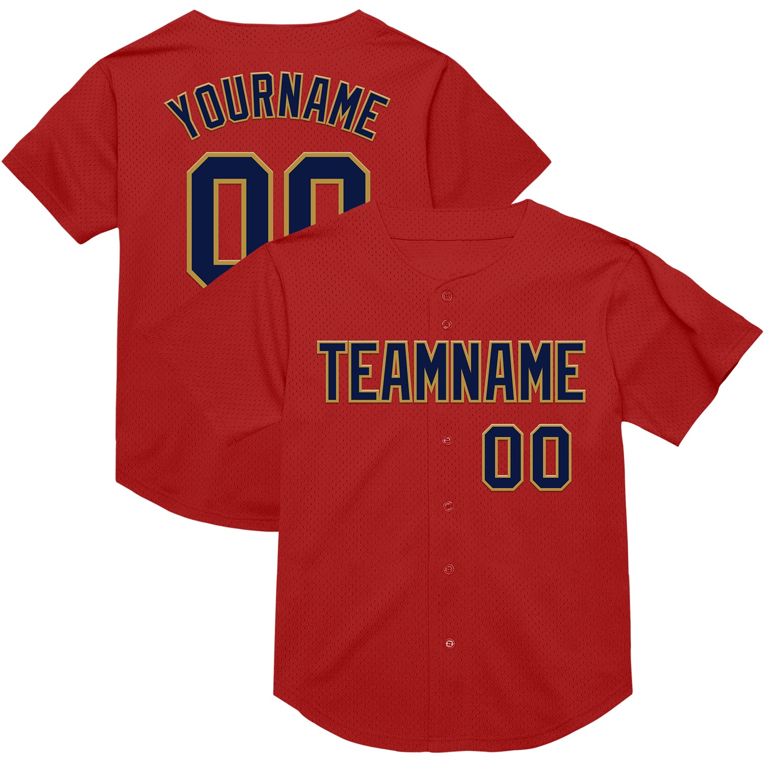 Personalized Red Navy-Old Gold Mesh Authentic Throwback Baseball Jersey