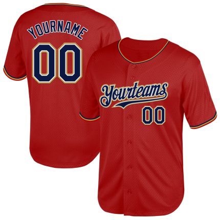Personalized Red Navy-Old Gold Mesh Authentic Throwback Baseball Jersey Team Custom Name and Number