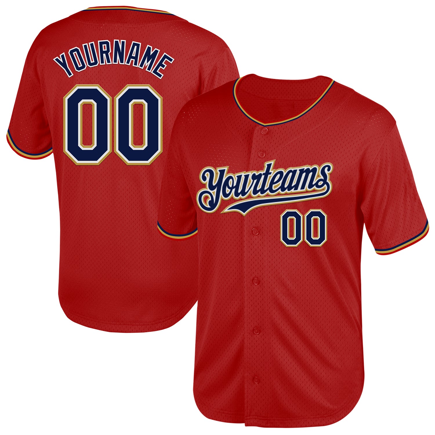 Personalized Red Navy-Old Gold Mesh Authentic Throwback Baseball Jersey Team Custom Name and Number