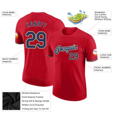 Personalized Red Navy-Old Gold Performance T-Shirt Team Custom Name and Number