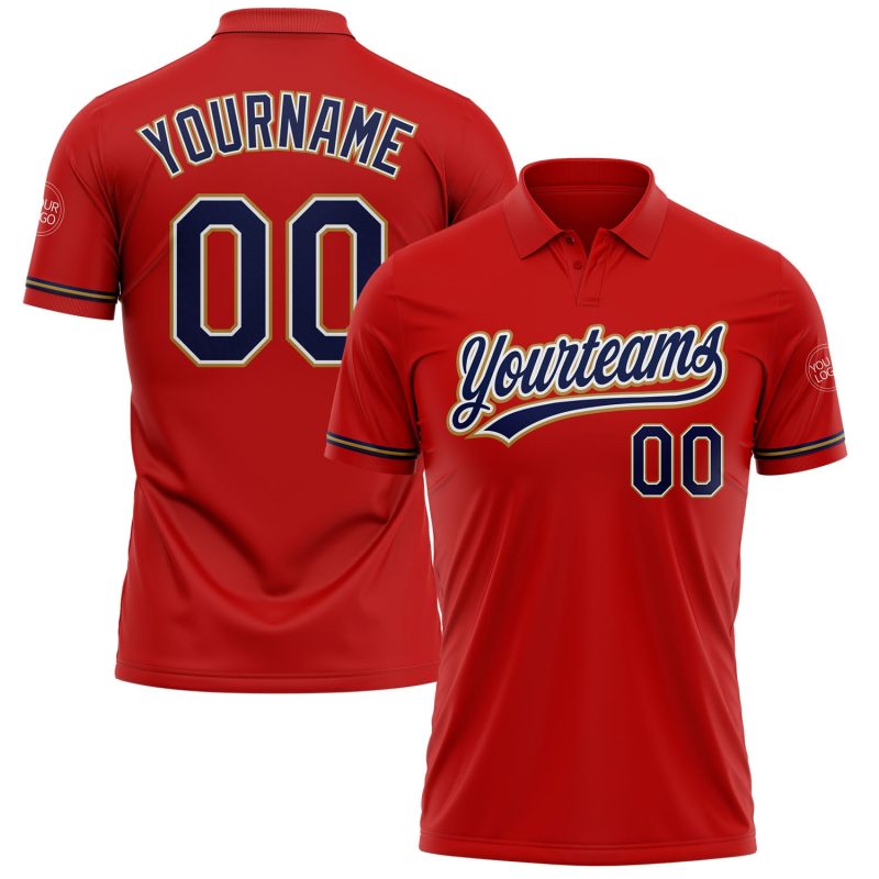 Personalized Red Navy-Old Gold Performance Vapor Golf Polo Shirt Team Custom Name and Number