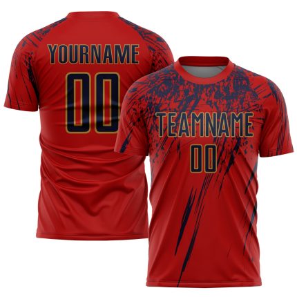 Personalized Red Navy-Old Gold Sublimation Soccer Uniform Jersey Team Custom Name and Number