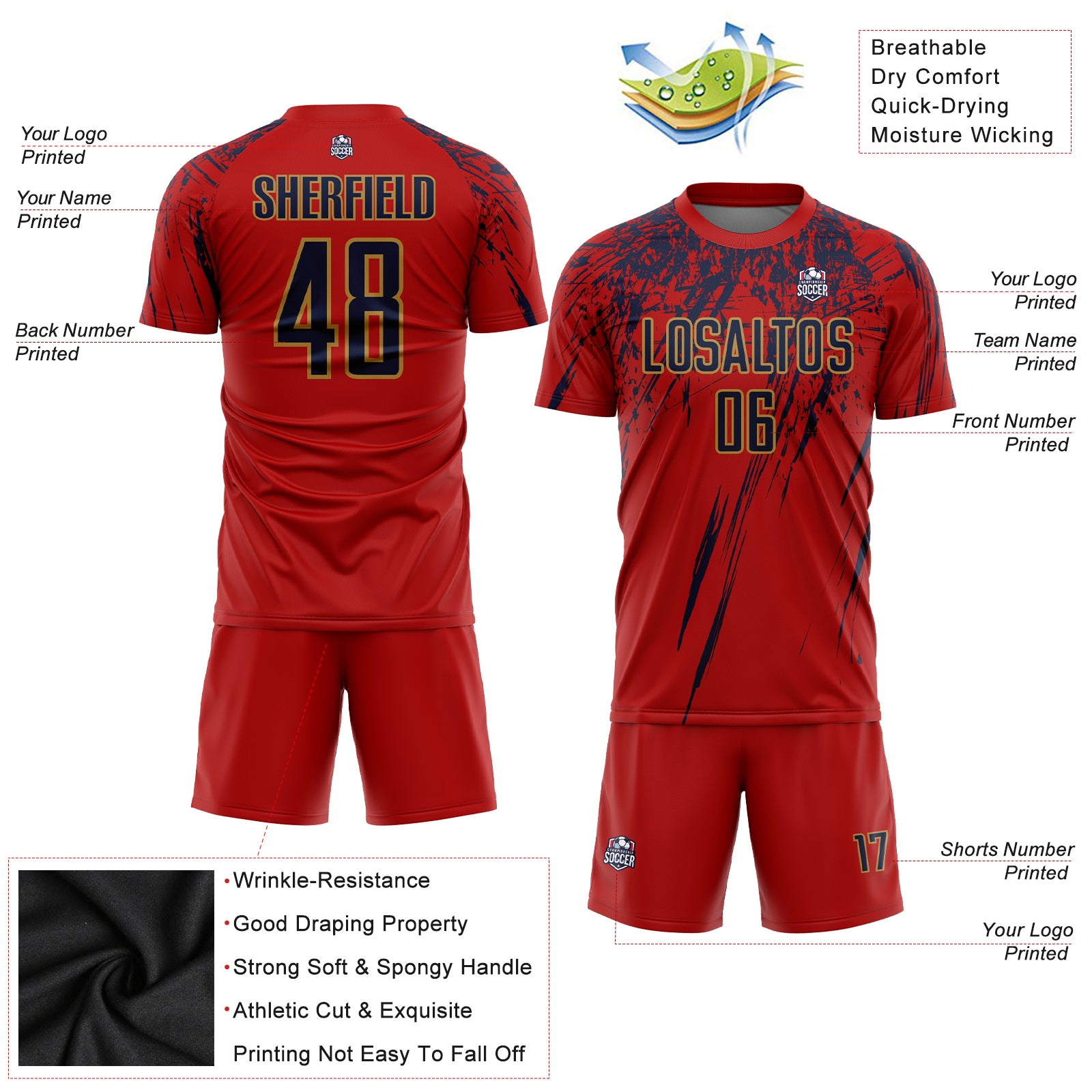 Personalized Red Navy-Old Gold Sublimation Soccer Uniform Jersey Team Custom Name and Number Personalized Red Navy-Old Gold Sublimation Soccer Uniform Jersey Team Custom Name and Number - Image 3