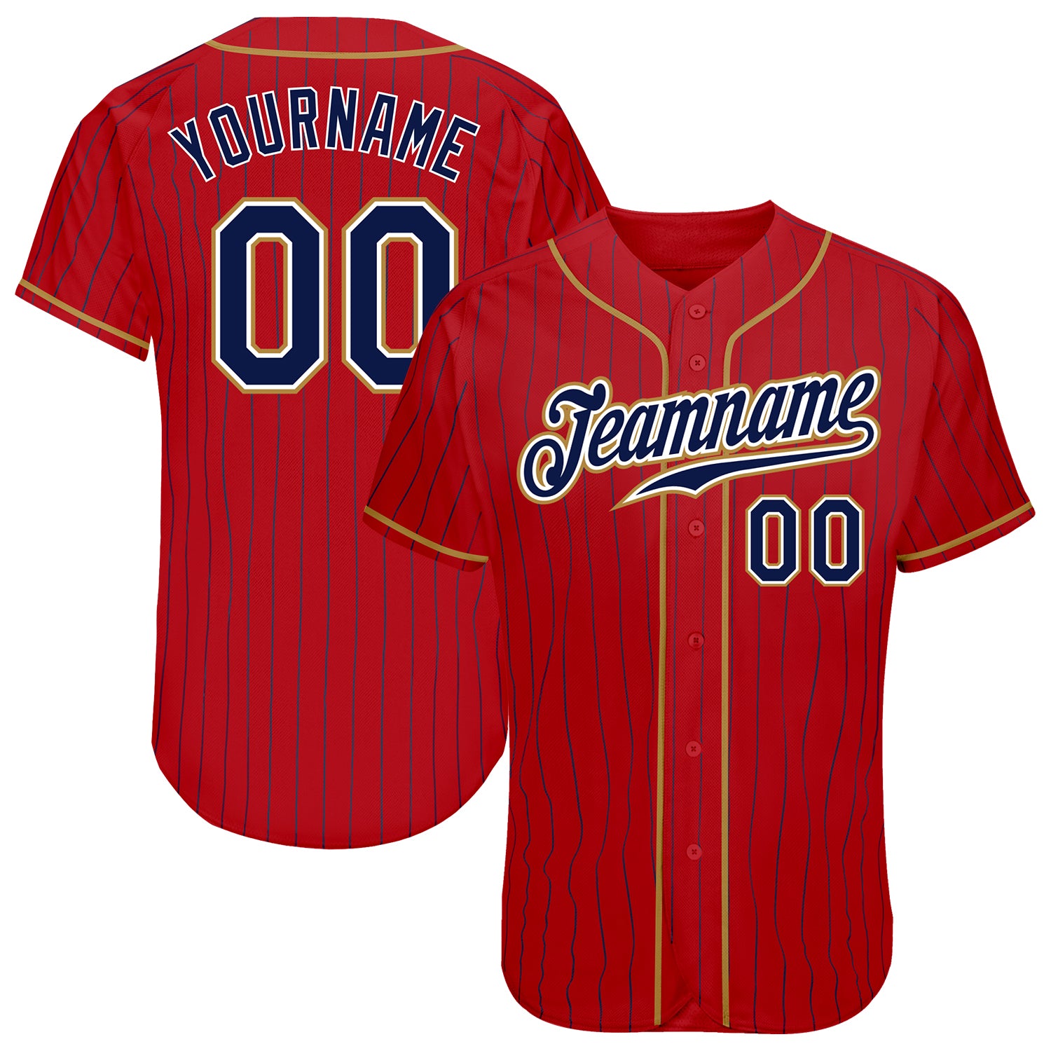 Personalized Red Navy Pinstripe Navy-Old Gold Authentic Baseball Jersey Team Custom Name and Number