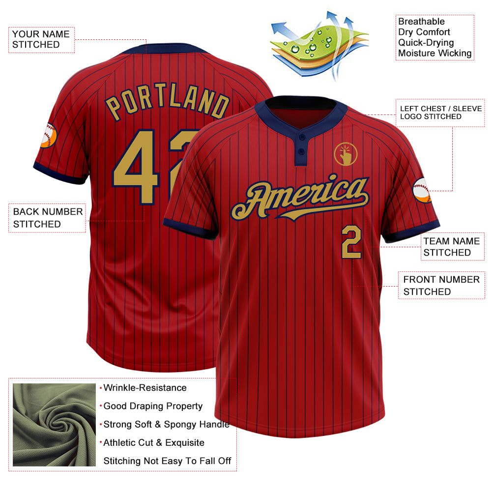 Personalized Red Navy Pinstripe Old Gold Two-Button Unisex Softball Jersey Team Custom Name and Number Personalized Red Navy Pinstripe Old Gold Two-Button Unisex Softball Jersey Team Custom Name and Number - Image 3