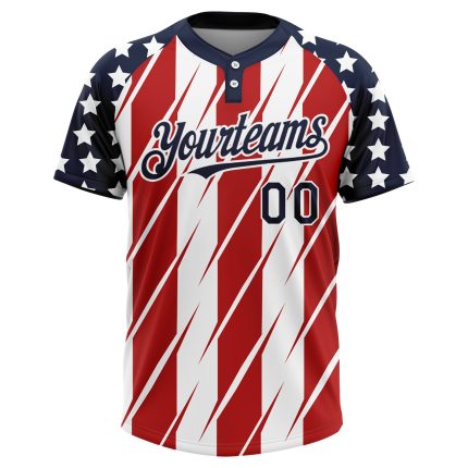 Personalized Red Navy-White 3D American Flag Fashion Two-Button Unisex Softball Jersey Team Custom Name and Number