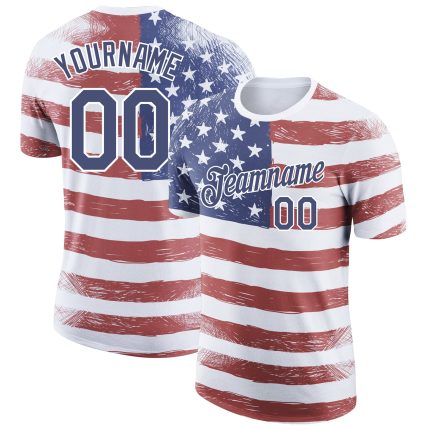 Personalized Red Navy-White 3D American Flag Patriotic Performance T-Shirt Team Custom Name and Number