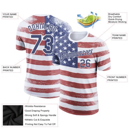 Personalized Red Navy-White 3D American Flag Patriotic Performance T-Shirt Team Custom Name and Number