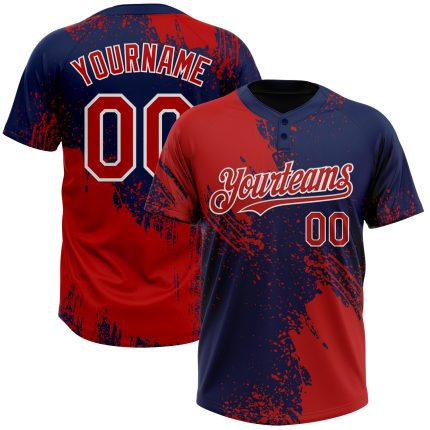 Personalized Red Navy-White 3D Pattern Abstract Brush Stroke Two-Button Unisex Softball Jersey Team Custom Name and Number