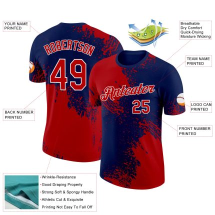 Personalized Red Navy-White 3D Pattern Design Abstract Brush Stroke Performance T-Shirt Team Custom Name and Number