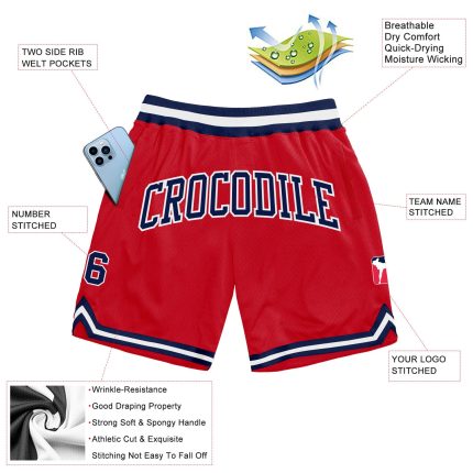 Personalized Red Navy-White Authentic Throwback Basketball Shorts