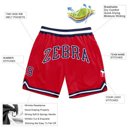 Personalized Red Navy-White Authentic Throwback Basketball Shorts Team Custom Name and Number
