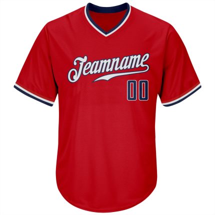 Personalized Red Navy-White Authentic Throwback Rib-Knit Baseball Jersey Shirt Team Custom Name and Number