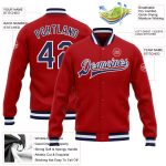Personalized Red Navy-White Bomber Full-Snap Varsity Letterman Jacket Team Custom Name and Number