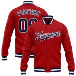 Personalized Red Navy-White Bomber Full-Snap Varsity Letterman Jacket Team Custom Name and Number