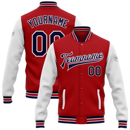 Personalized Red Navy-White Bomber Full-Snap Varsity Letterman Two Tone Jacket