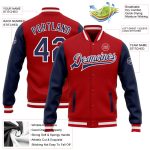 Personalized Red Navy-White Bomber Full-Snap Varsity Letterman Two Tone Jacket Team Custom Name and Number