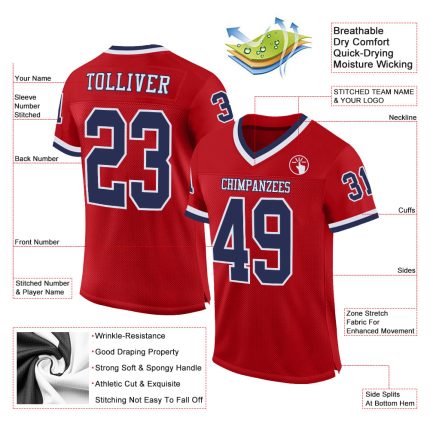 Personalized Red Navy-White Mesh Authentic Throwback Football Jersey Team Custom Name and Number