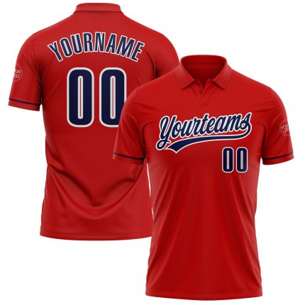 Personalized Red Navy-White Performance Vapor Golf Polo Shirt Team Custom Name and Number
