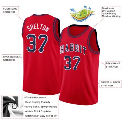 Personalized Red Navy-White Round Neck Rib-Knit Basketball Jersey Team Custom Name and Number