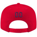 Custom red, navy and white snapback hat, detail of the printed panel