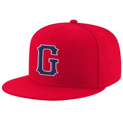 Custom red, navy and white snapback hat, back view