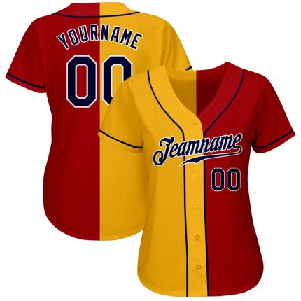 Personalized Red Navy-Yellow Authentic Split Fashion Baseball Jersey Team Custom Name and Number