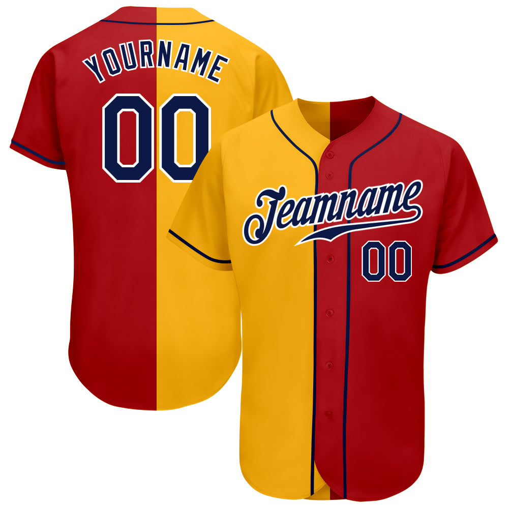 Personalized Red Navy-Yellow Authentic Split Fashion Baseball Jersey Team Custom Name and Number